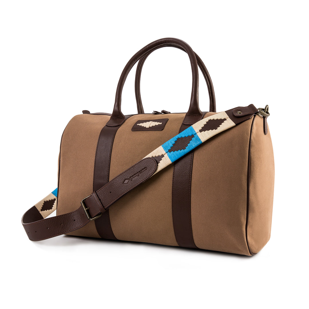 Varon small travel bag - brown leather and sand canvas