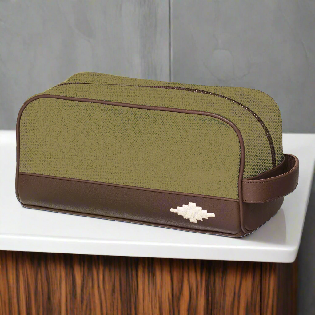 Hombre Washbag - Brown Leather and Forest Canvas with Cream Stitching