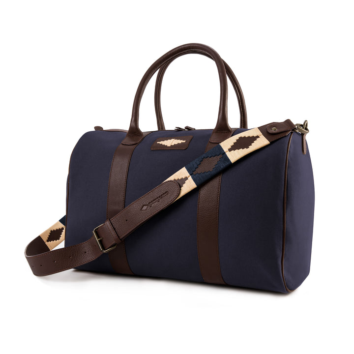 Kleine Reisetasche „Varon“ – braunes Leder und marineblaues Canvas