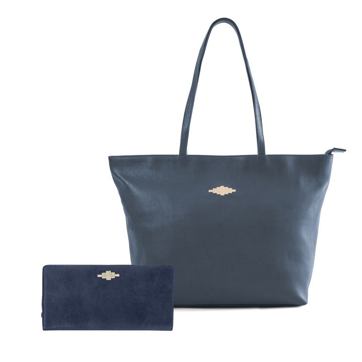 Trapecio Tote Bag with Complimentary Rico Purse - Navy Leather